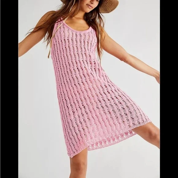 Free People Beach Green Open Eyelet Crochet Stretch Beach Cover Up Dress XS - Picture 1 of 4